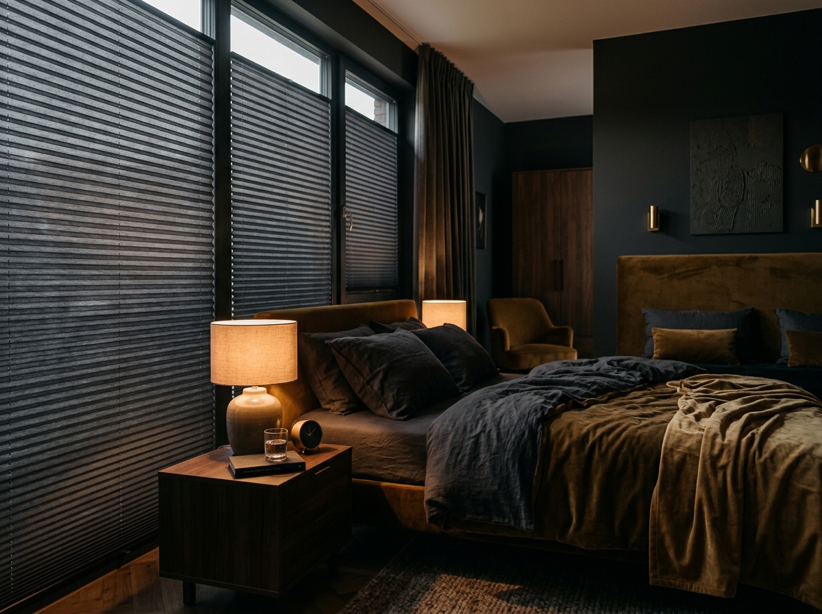Плиссе в спальне с мягким затемнением — работа Comfort Blinds