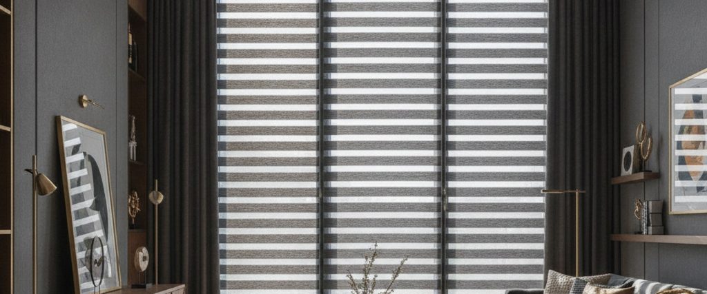 Шторы день-ночь (зебра) на большом окне в гостиной · Comfort Blinds